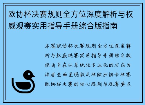 欧协杯决赛规则全方位深度解析与权威观赛实用指导手册综合版指南