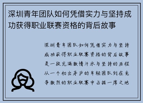 深圳青年团队如何凭借实力与坚持成功获得职业联赛资格的背后故事