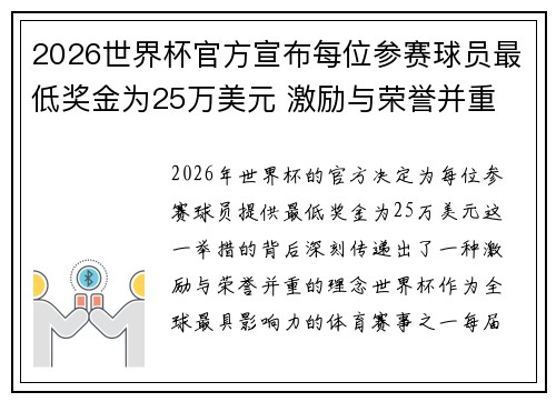 2026世界杯官方宣布每位参赛球员最低奖金为25万美元 激励与荣誉并重 2026世界杯官方宣布每位参赛球员最低奖金为25万美元 激励与荣誉并重