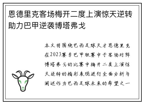 恩德里克客场梅开二度上演惊天逆转助力巴甲逆袭博塔弗戈