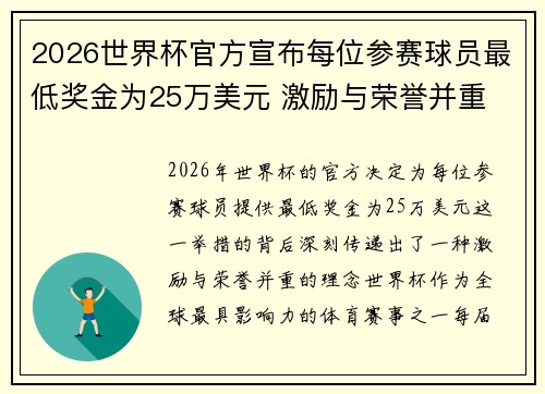 2026世界杯官方宣布每位参赛球员最低奖金为25万美元 激励与荣誉并重
